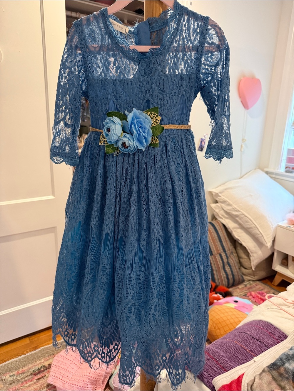 Trish Scully Girls Blue Lace Party Dress with Floral Belt